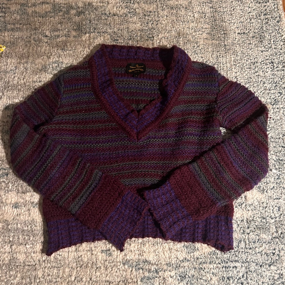 Vivienne Westwood Anglomania Multicolor Striped Cropped V-Neck Knit Sweater